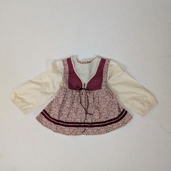 70s Floral Apron Blouse Red Trim Long Sleeve Front Tie Bow Peasant Milkmaid - Picture 2 of 8